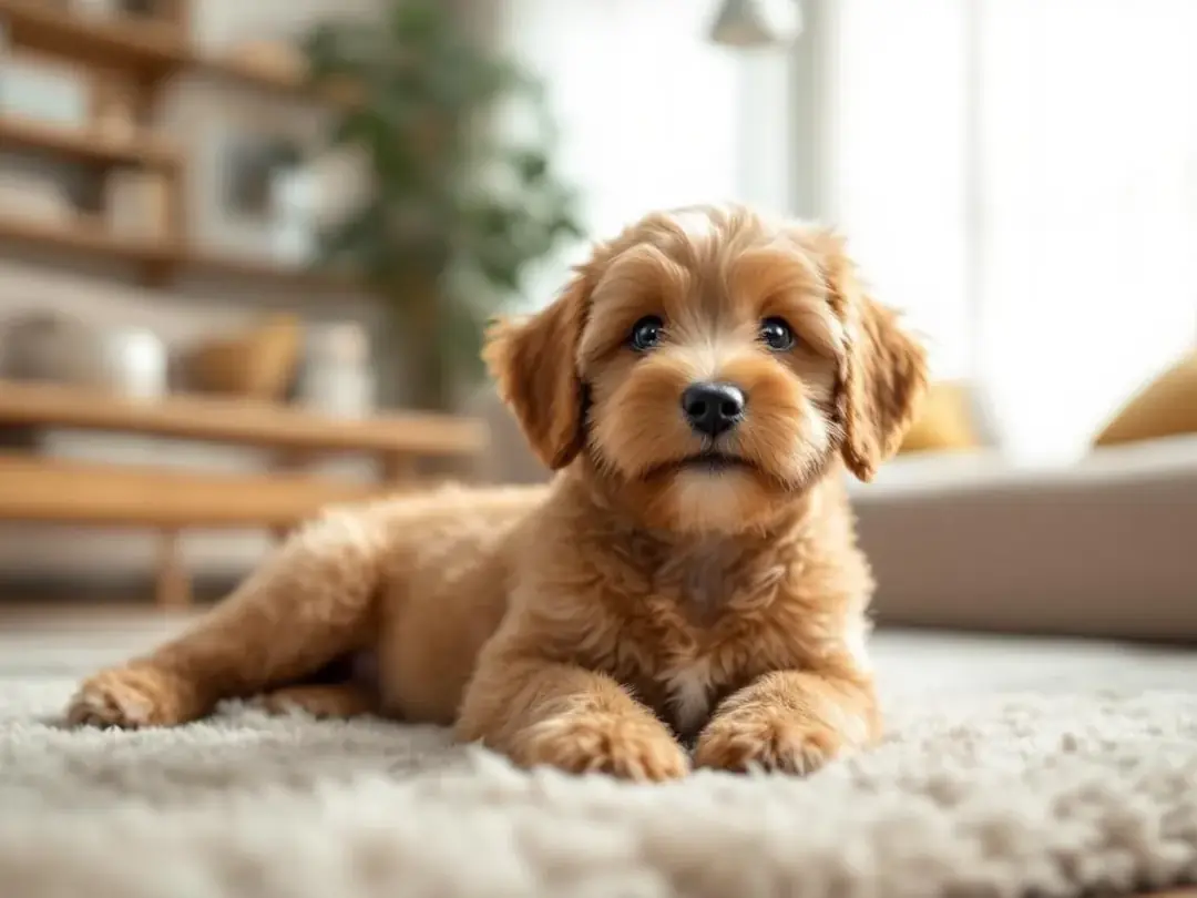 A small, adorable Cavapoo puppy sits contentedly in a cozy living room, surrounded by soft furnishings and warm...