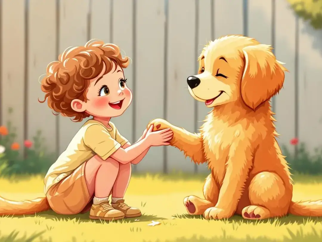 A friendly doodle puppy is gently playing with young children in a bright, cheerful environment, showcasing the playful...