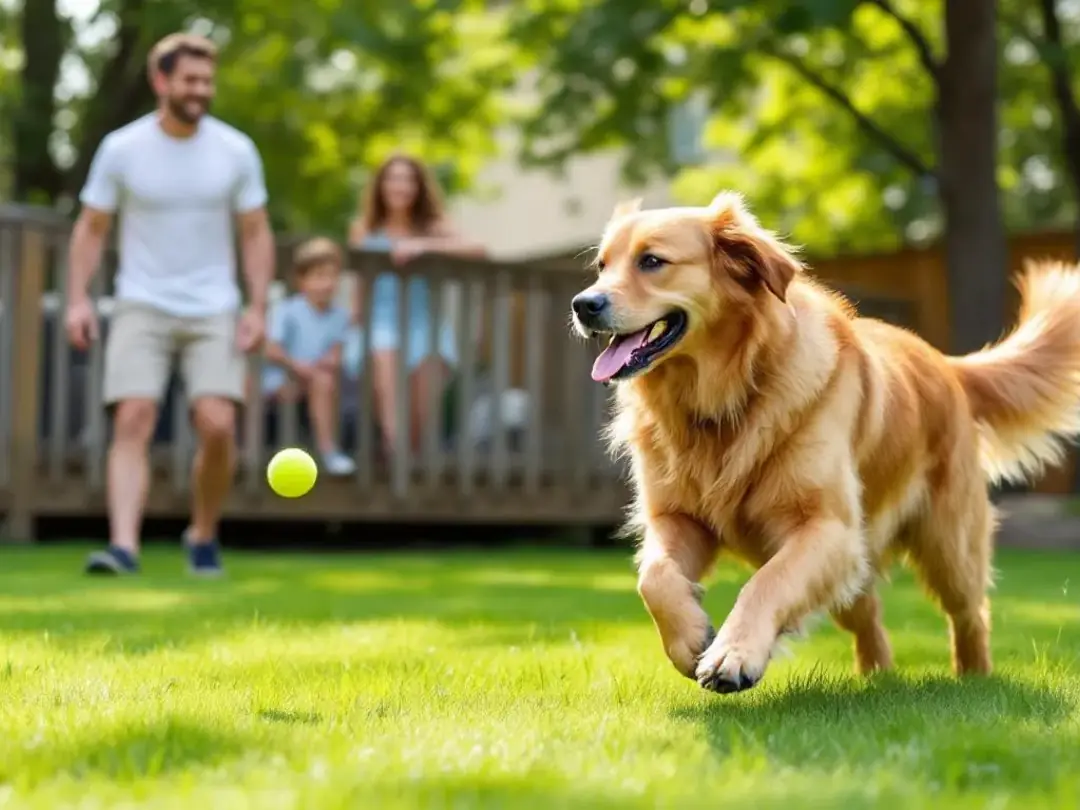 A large goldendoodle is joyfully playing fetch in a fenced yard with its family, showcasing the friendly and energetic...