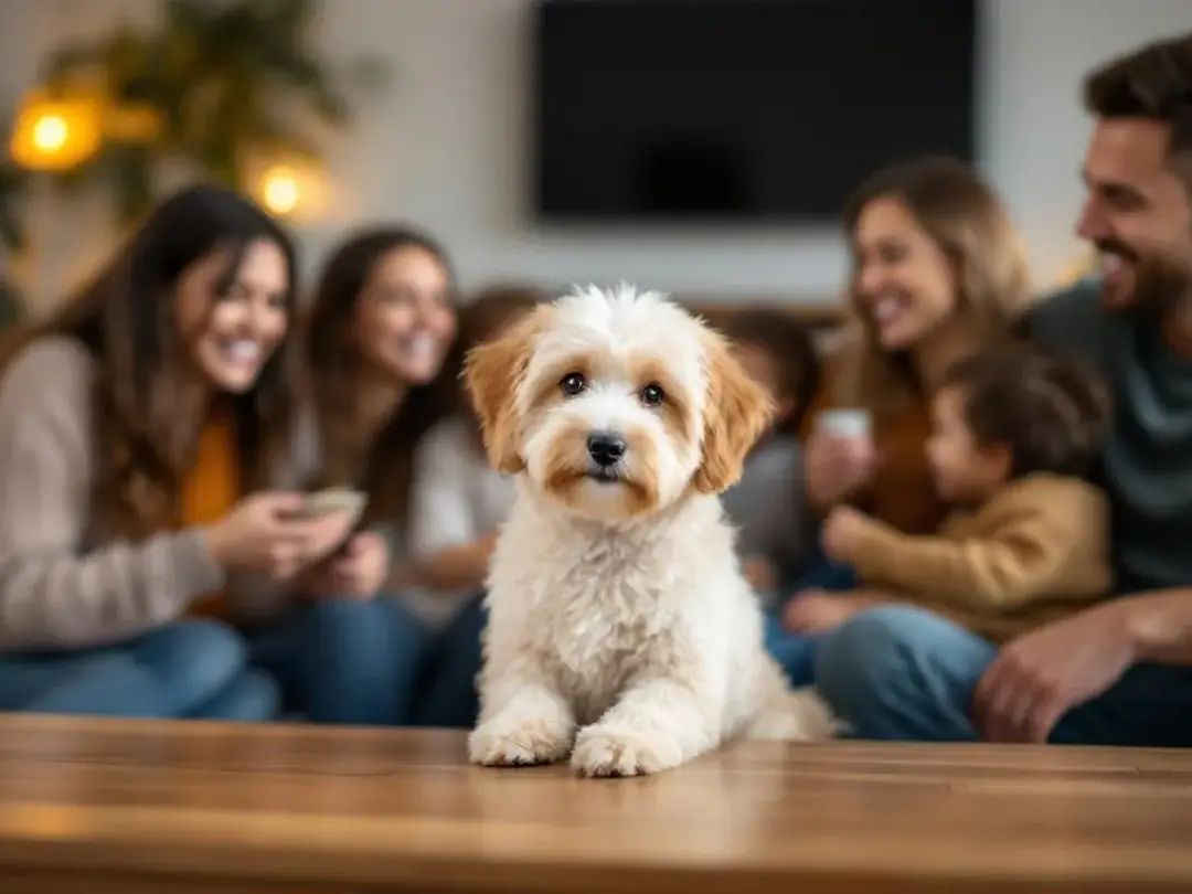 A small cavapoo, a popular poodle mix known for its friendly nature, sits calmly on a couch surrounded by family...