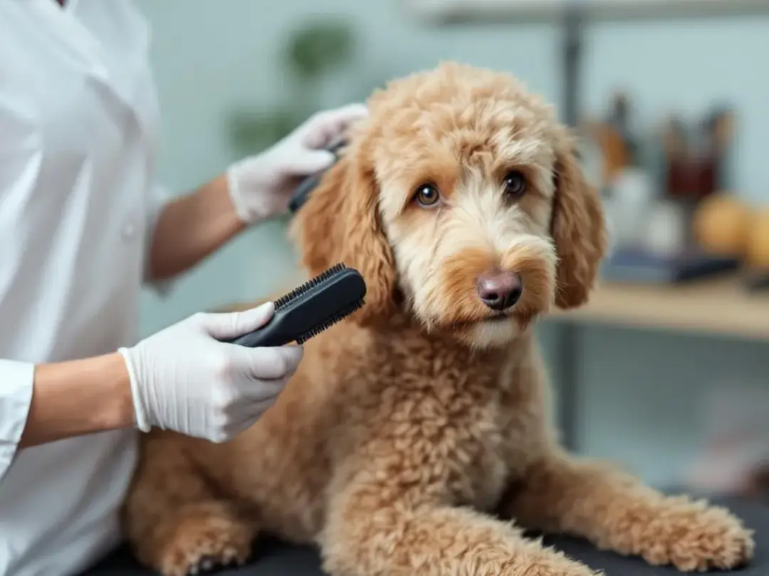 A professional groomer is carefully working on a doodle dog's curly coat using brushes and grooming tools, ensuring the...