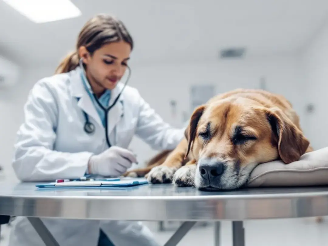 A veterinarian is examining a lethargic brown dog using a stethoscope, potentially assessing for signs of tick-borne...