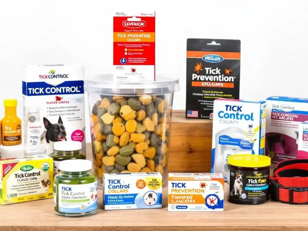 An array of various tick prevention products is displayed, including topical treatments, chewable tablets, and collars...