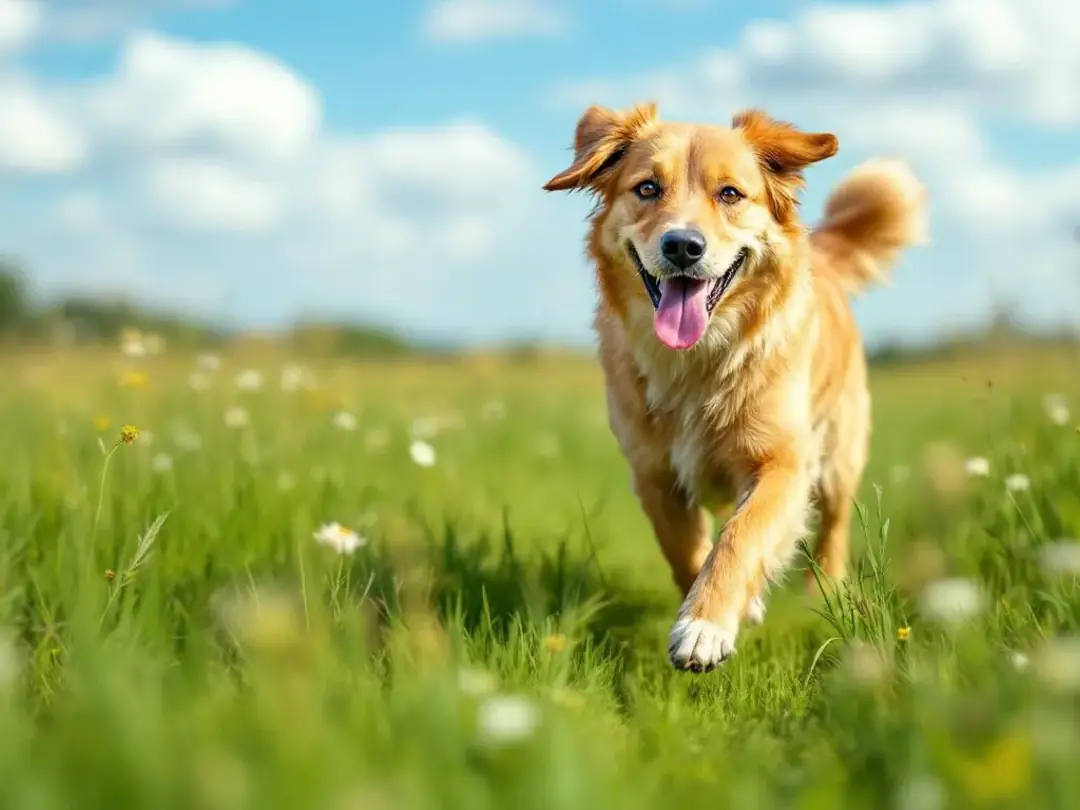 A happy, healthy brown dog is joyfully running through a lush green field, showcasing its recovery from ehrlichiosis, a...