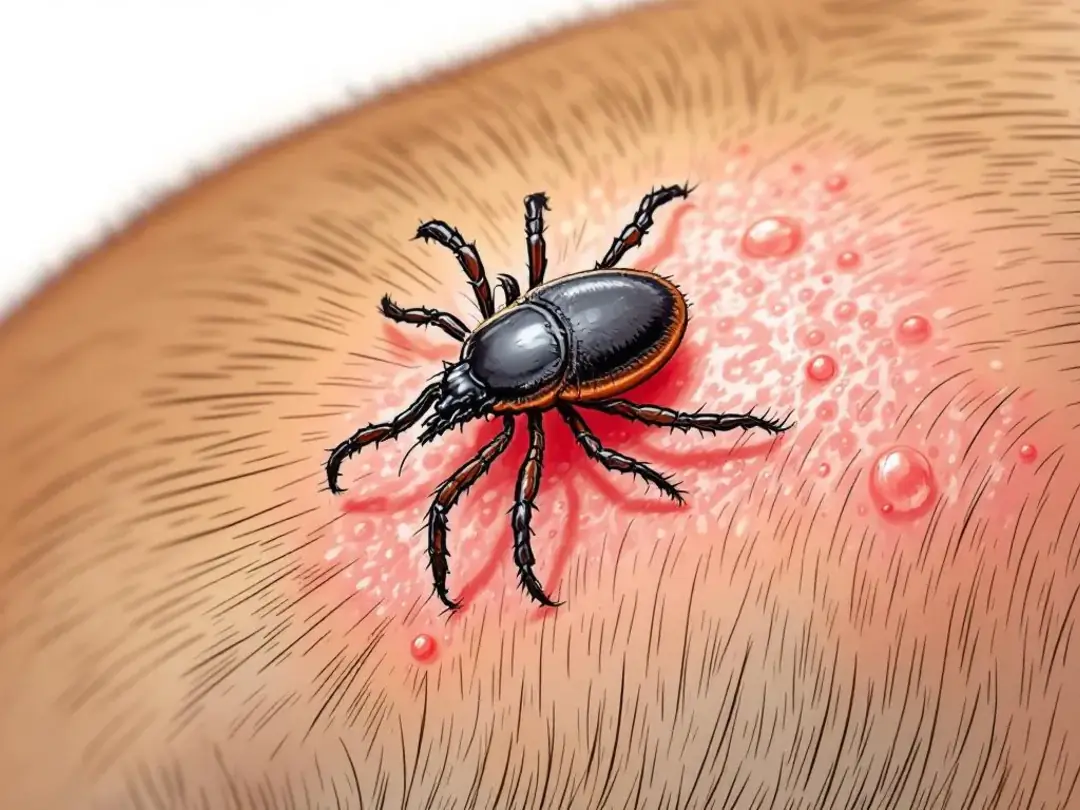 In the image, a close-up view shows a tick's mouthparts penetrating a dog's skin, illustrating the tick attachment...