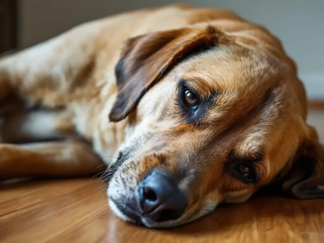A brown dog appears lethargic and uncomfortable, potentially showing symptoms of tick-borne illnesses, with a focus on...
