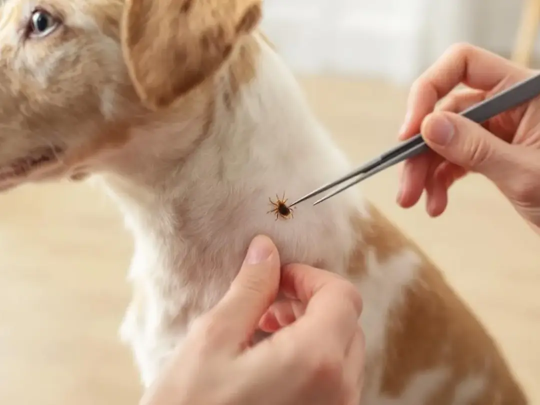 In the image, a person is demonstrating the proper technique for tick removal on a dog's skin using fine-tipped...