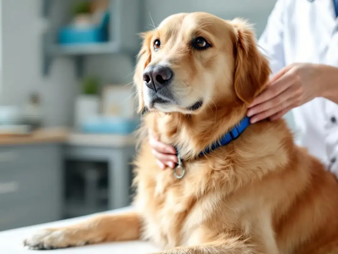 In the image, a healthy brown dog is receiving a routine veterinary check-up, with the veterinarian inspecting the...