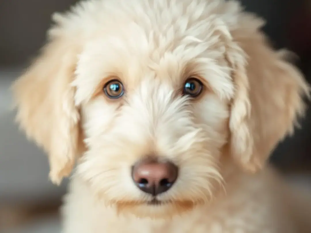 A close-up of an English Cream Goldendoodle's face reveals its teddy bear features, showcasing a soft, light cream coat...