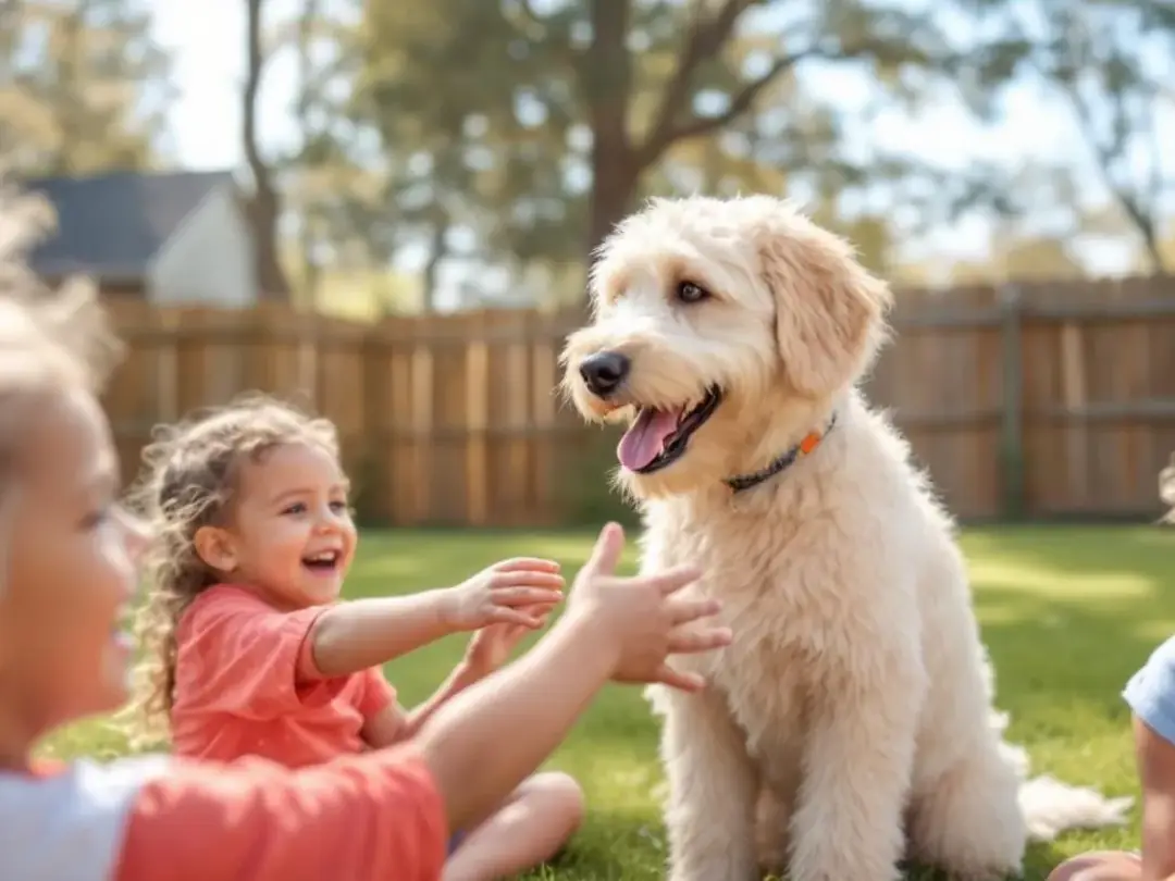 An English Cream Goldendoodle with a soft, curly coat playfully interacts with children in a sunny backyard, showcasing...