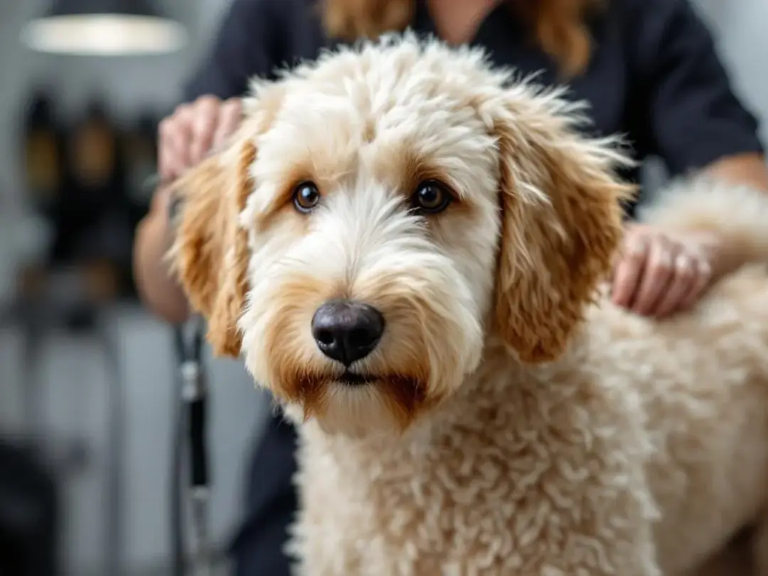 An English Cream Goldendoodle with a soft, curly coat is being professionally groomed, showcasing its beautiful light...