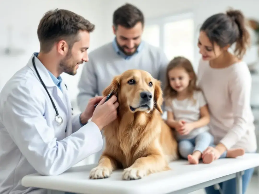 A veterinarian is gently examining a calm dog while supportive family members watch closely, creating a comforting...