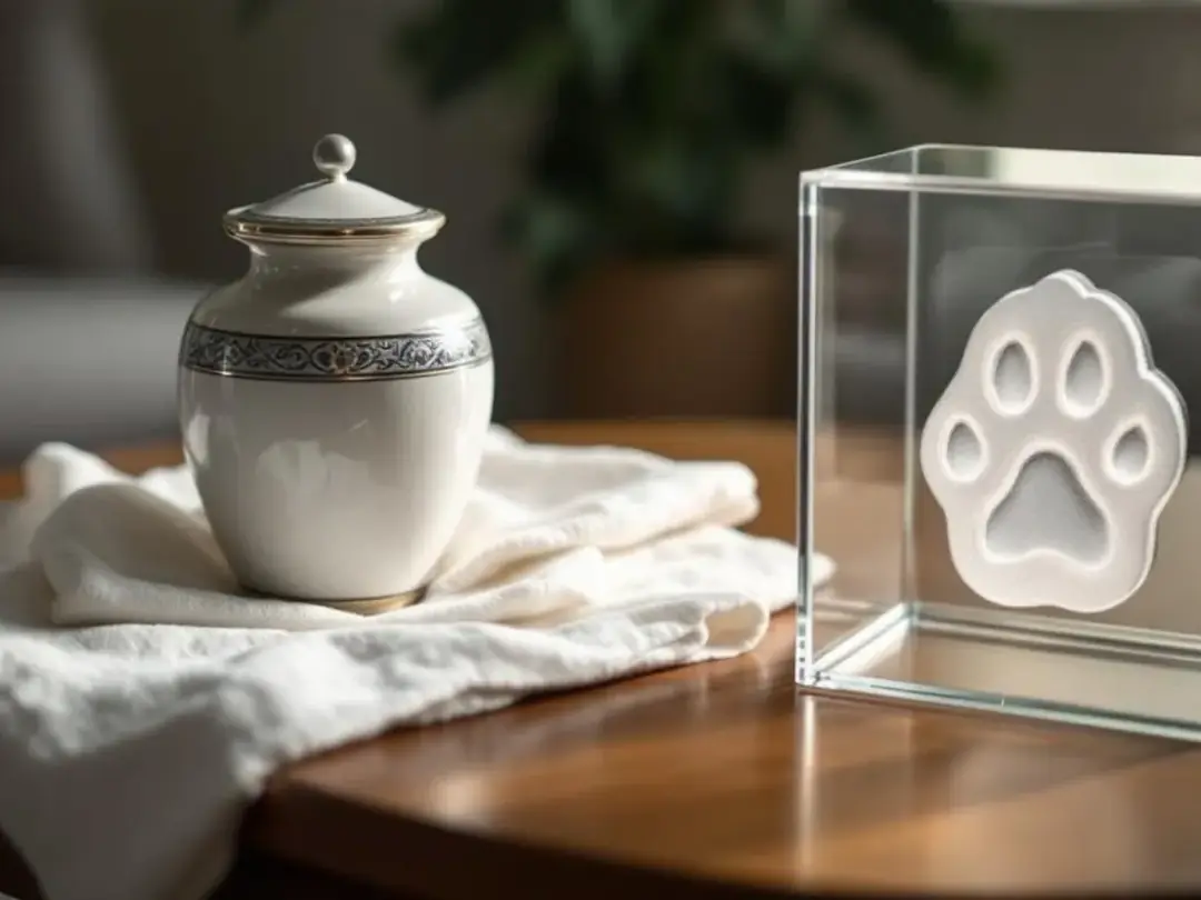 A serene arrangement of memorial items includes a paw print impression and a small urn, symbolizing the cherished...