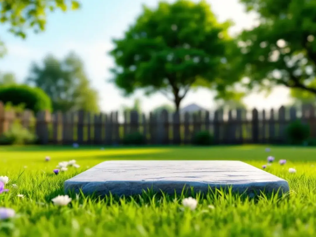 In a serene outdoor garden setting, a memorial stone is placed among blooming flowers, symbolizing the peaceful passing...