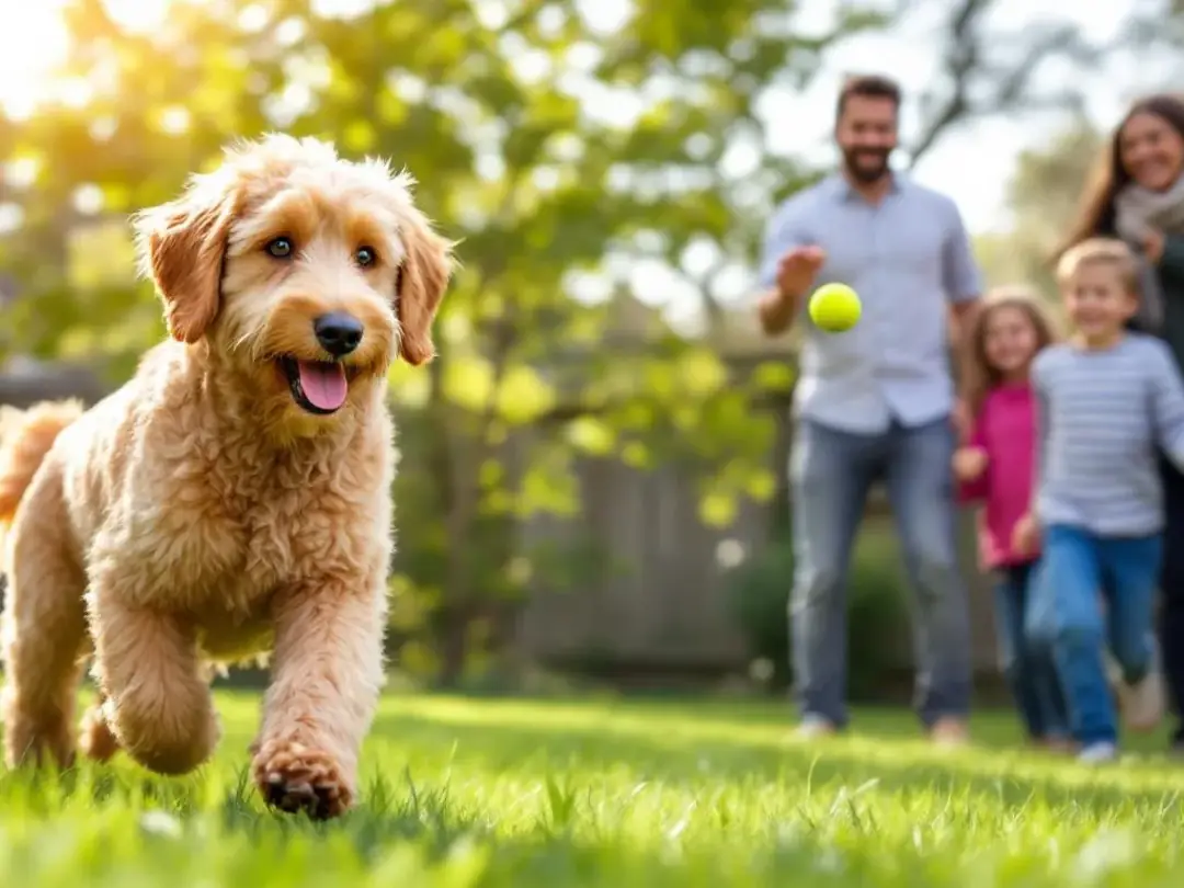 In a sunny backyard, a family is joyfully playing fetch with their F1 Goldendoodle, a hybrid dog with a mix of golden...