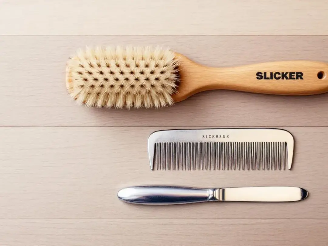 The image shows a variety of grooming tools, including a slicker brush and a metal comb, neatly laid out on a surface...