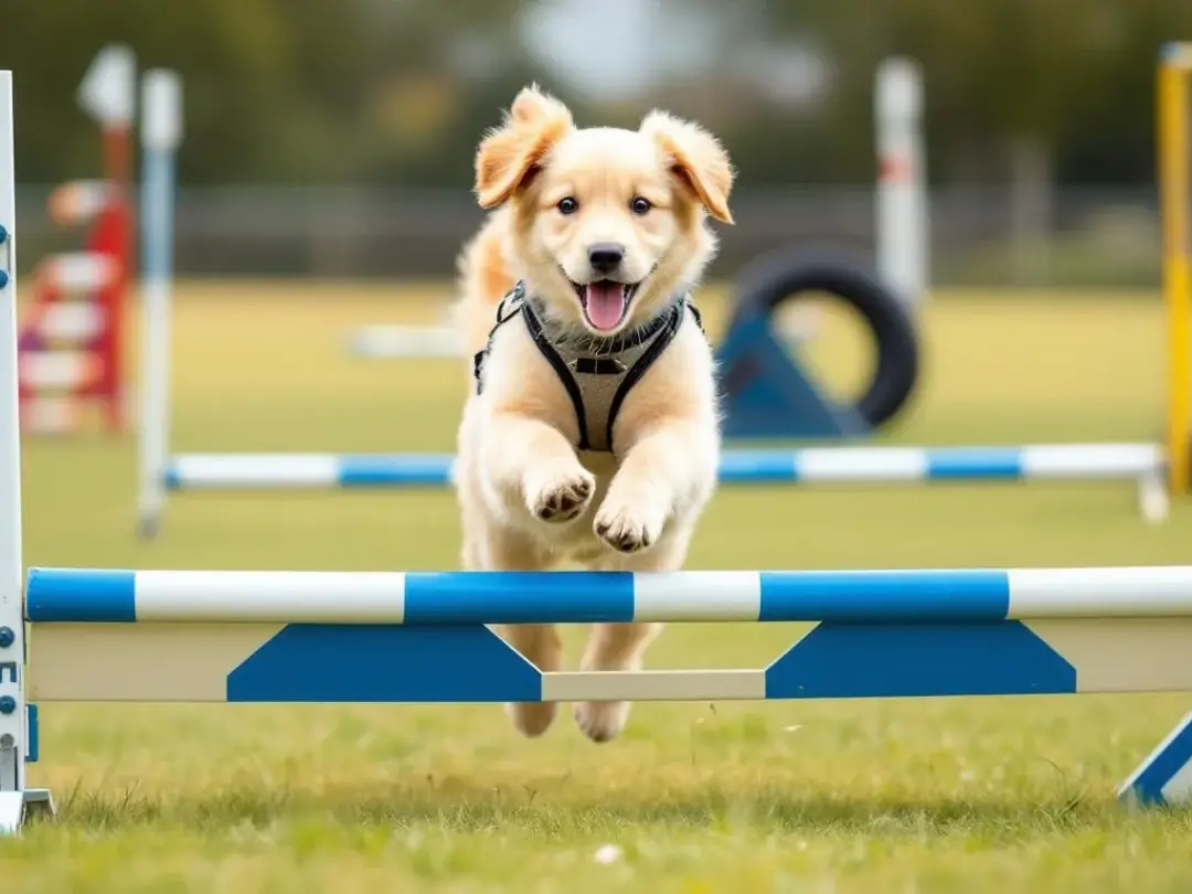 A lively F1 Goldendoodle is seen running through an agility course, showcasing its energetic personality and...
