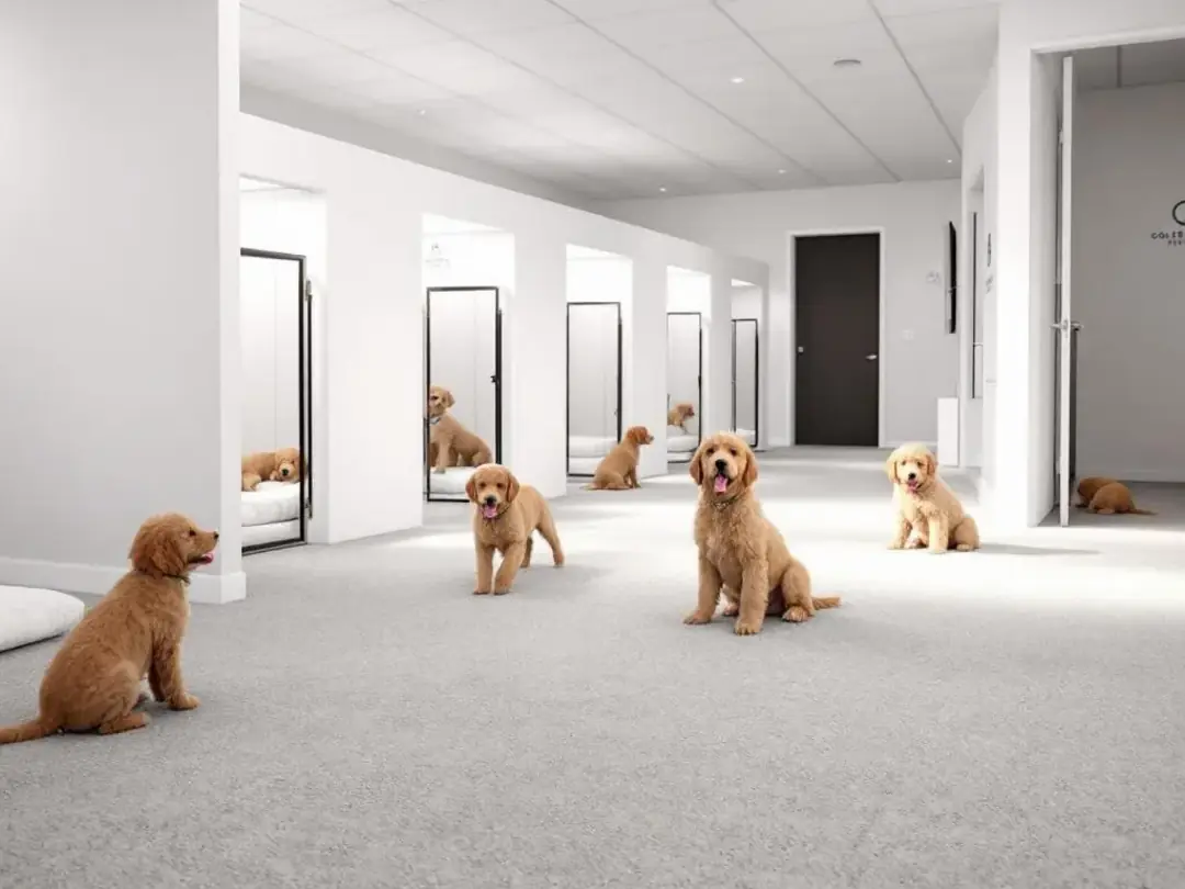 The image depicts a clean and spacious breeder facility designed for Goldendoodles, showcasing various puppy areas...