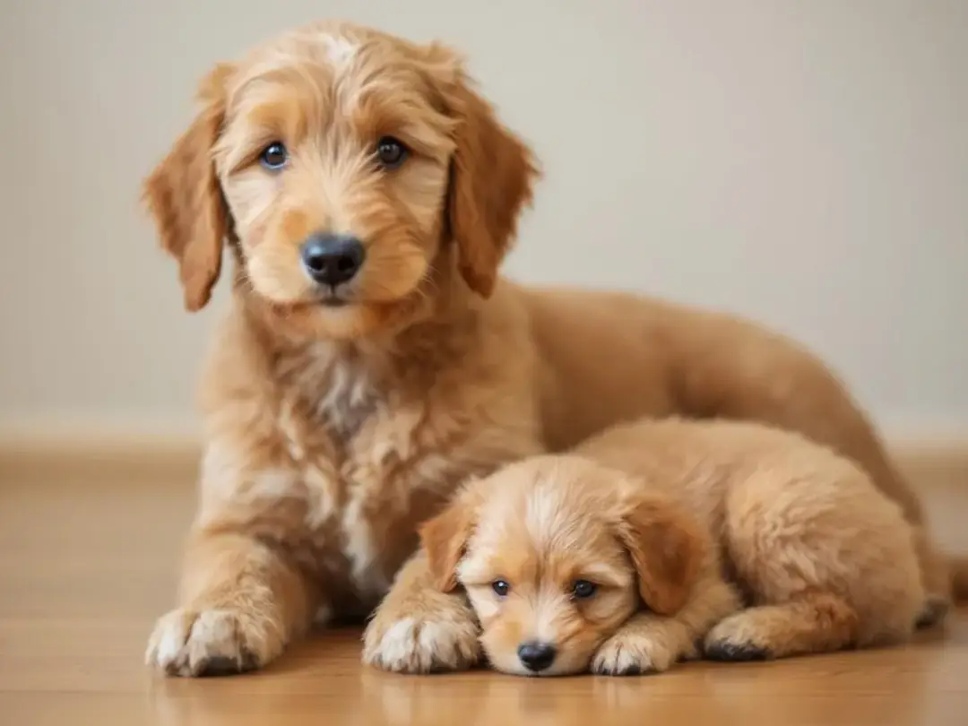 A small F1B Mini Goldendoodle puppy with a curly coat sits next to an adult goldendoodle, showcasing the size...