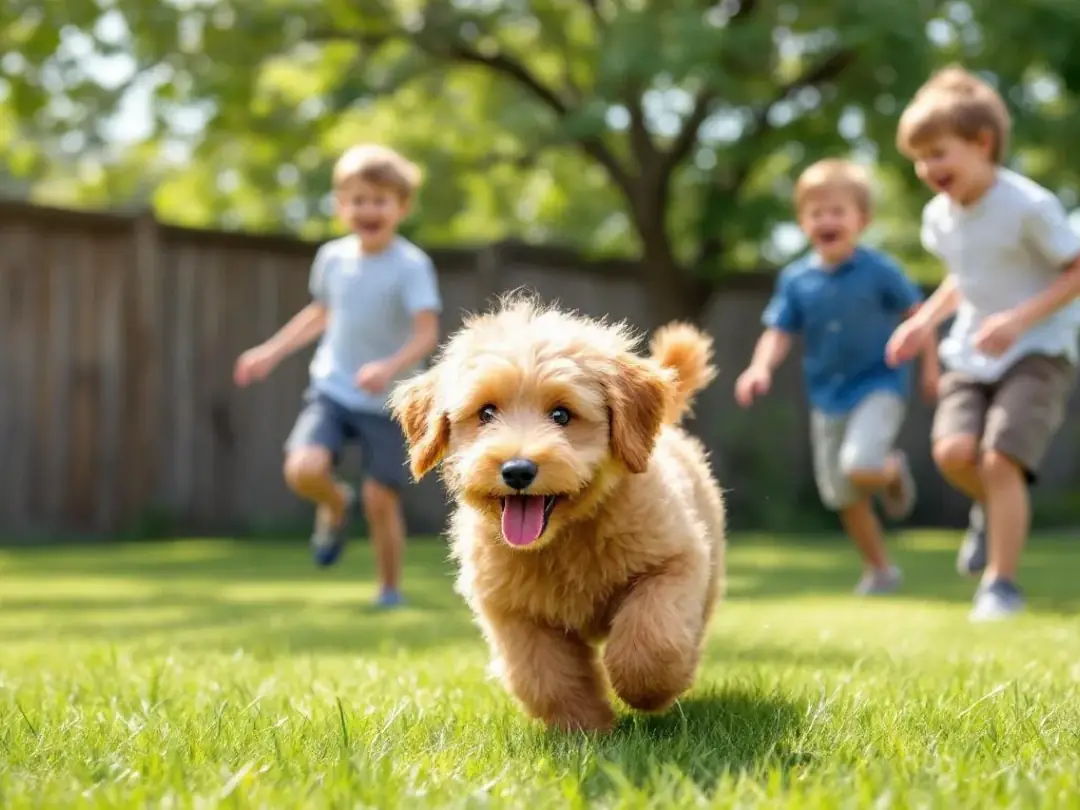 In the backyard, an F1B mini goldendoodle with a curly coat joyfully plays with children, showcasing its playful and...