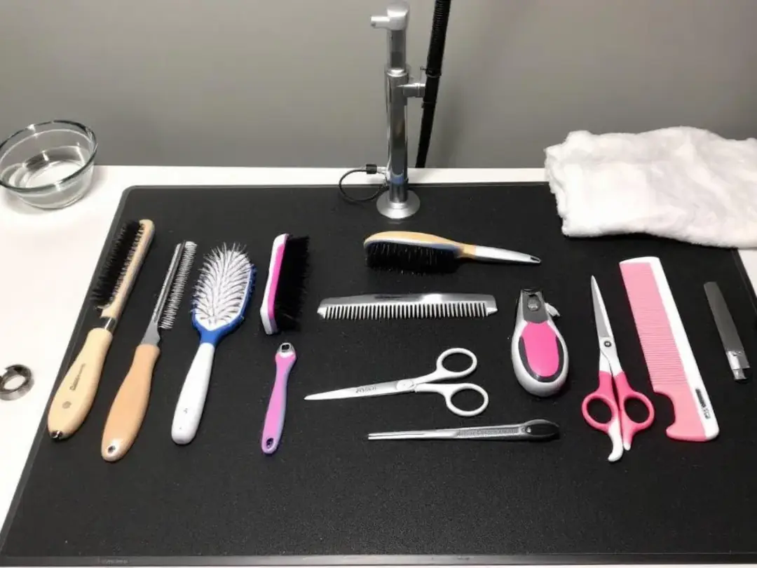 The image features a neatly arranged set of professional grooming tools specifically designed for the care of F1B...