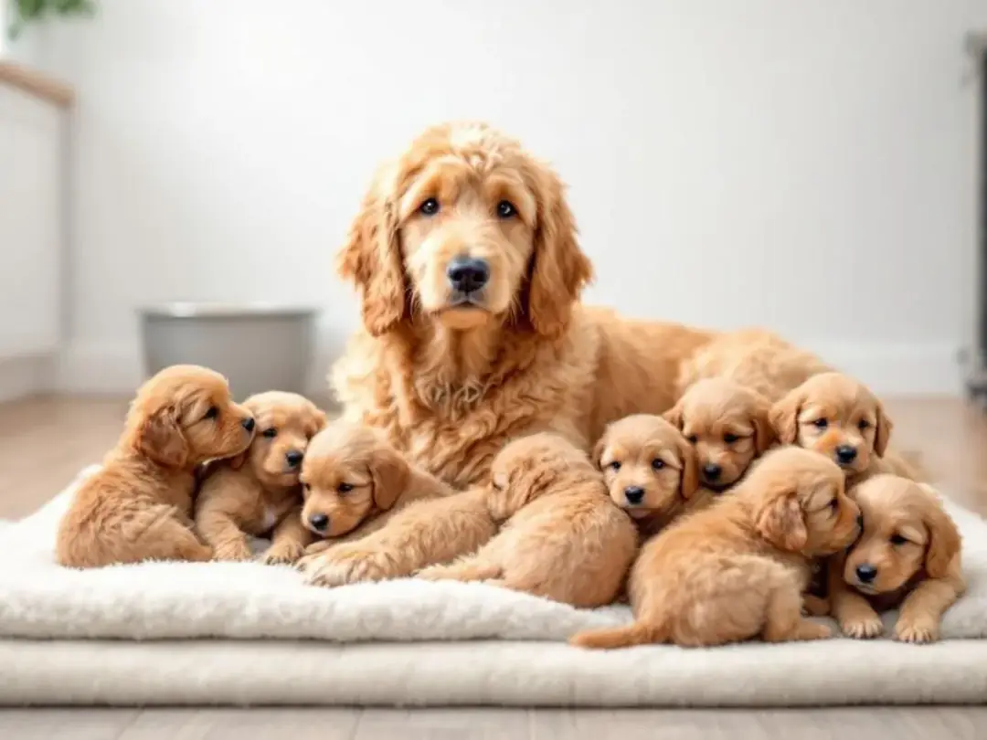 The image shows an F1B Mini Goldendoodle mother surrounded by her adorable puppies in a clean and professional breeding...