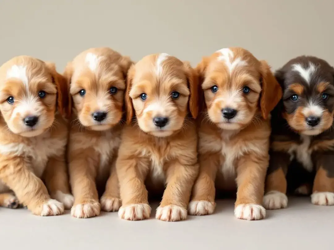 A litter of F1BB Goldendoodle puppies is playfully gathered together, showcasing a delightful variety of coat colors...