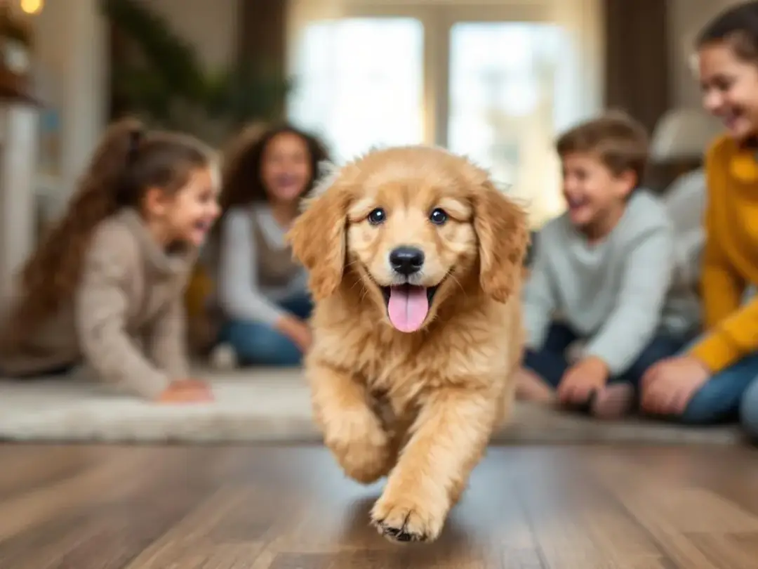 In a vibrant family setting, an F1BB Goldendoodle puppy joyfully plays with children, showcasing its playful and gentle...
