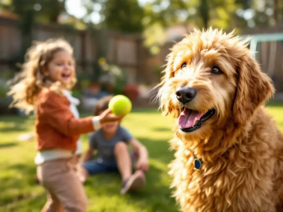 An adult F1BB Goldendoodle is playfully interacting with children in a sunny backyard, showcasing its gentle and...