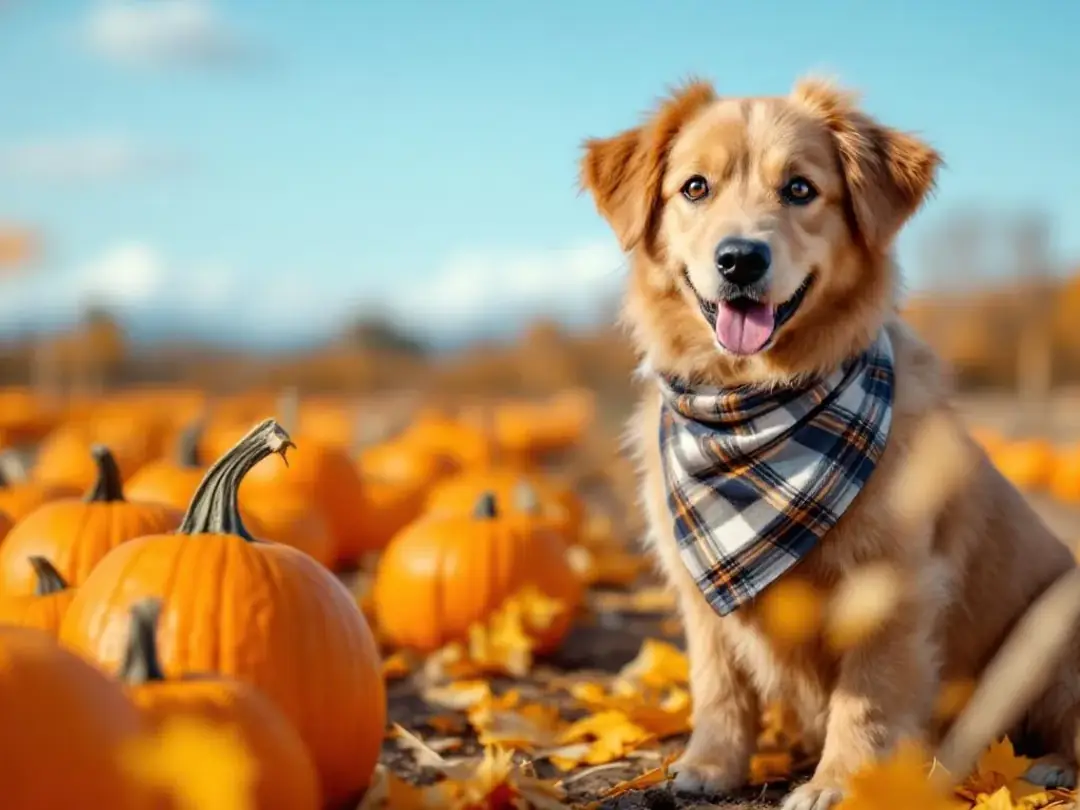A handsome male dog with a plaid bandana sits contentedly beside a vibrant pumpkin patch, surrounded by the warm colors...