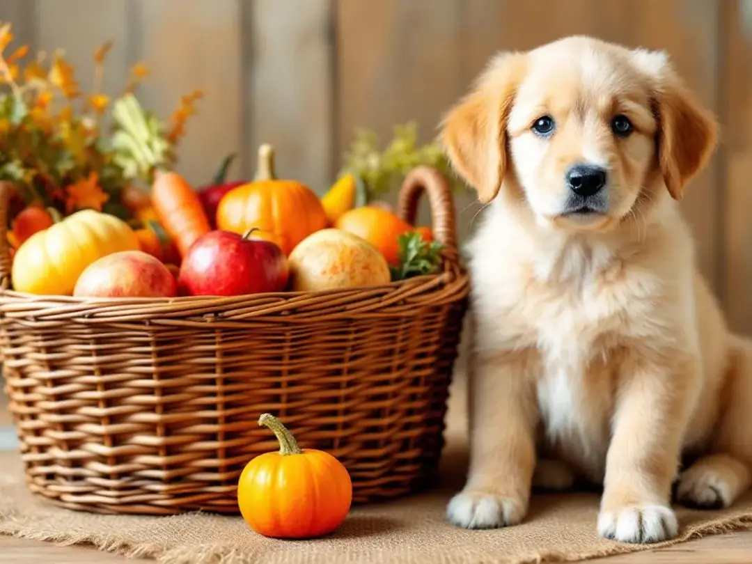 An adorable puppy sits beside a basket filled with vibrant autumn harvest vegetables and fruits, surrounded by brightly...