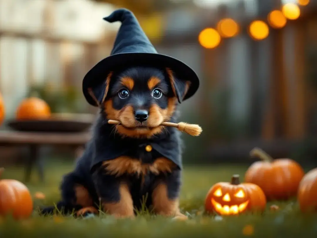 A black and orange puppy dressed in a tiny Halloween costume sits among several carved jack-o'-lanterns, embodying the...