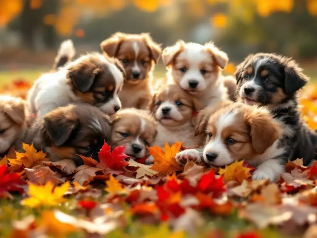 In this image, a group of adorable puppies playfully tumbles in a pile of brightly colored autumn leaves, surrounded by...