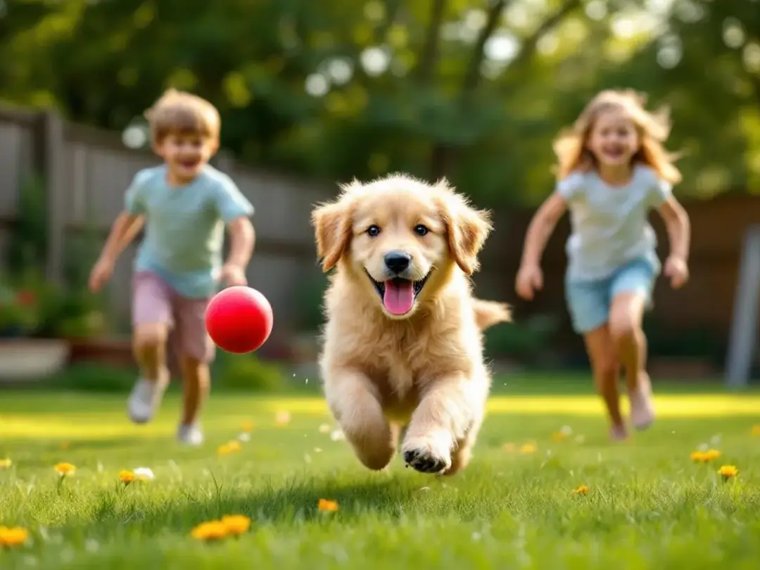 In a vibrant backyard, a happy male and female goldendoodle are joyfully playing with children, showcasing their...