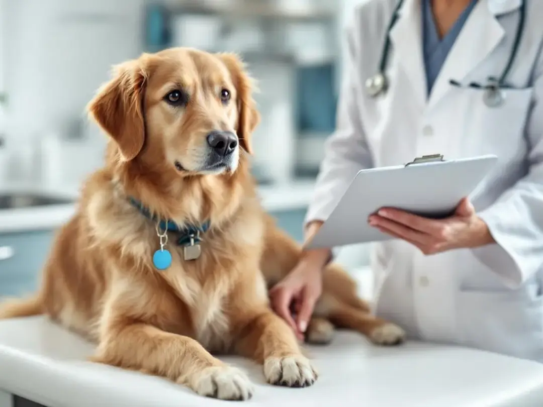 A male or female goldendoodle is being gently examined by a veterinarian in a clinic, showcasing the dog's fluffy...
