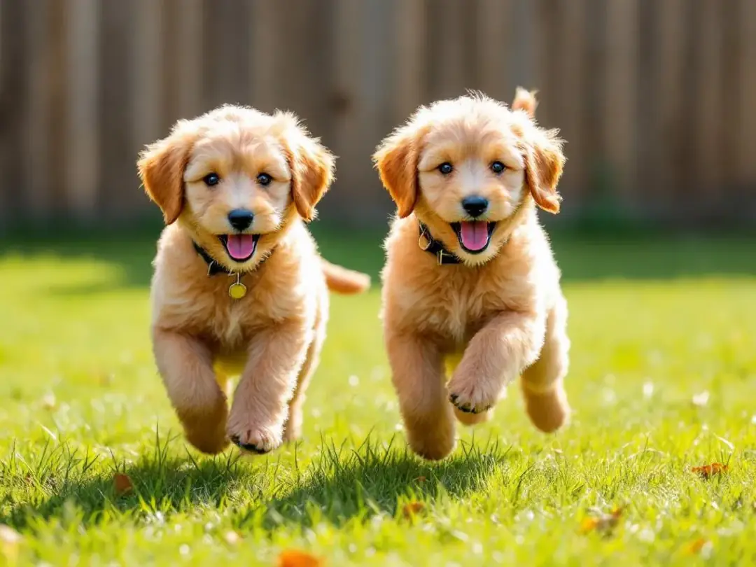 Two playful Goldendoodle puppies, one male and one female, are frolicking together in a sunny outdoor setting...