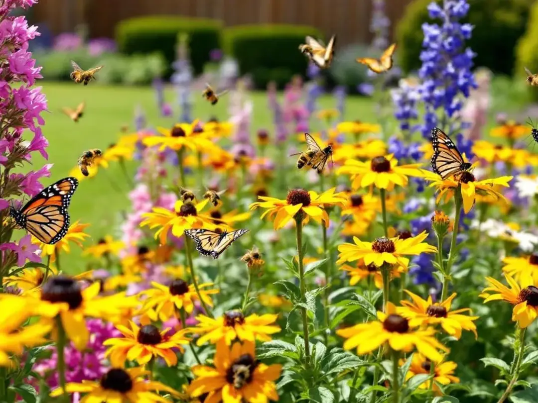 In a vibrant pollinator garden, colorful bee balm and black-eyed Susans attract various butterflies and bees, creating...