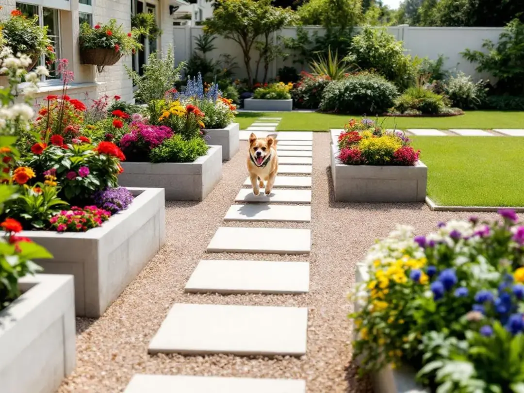 In this vibrant garden, raised flower beds filled with a wide array of blooming flowers, including gerbera daisies and...