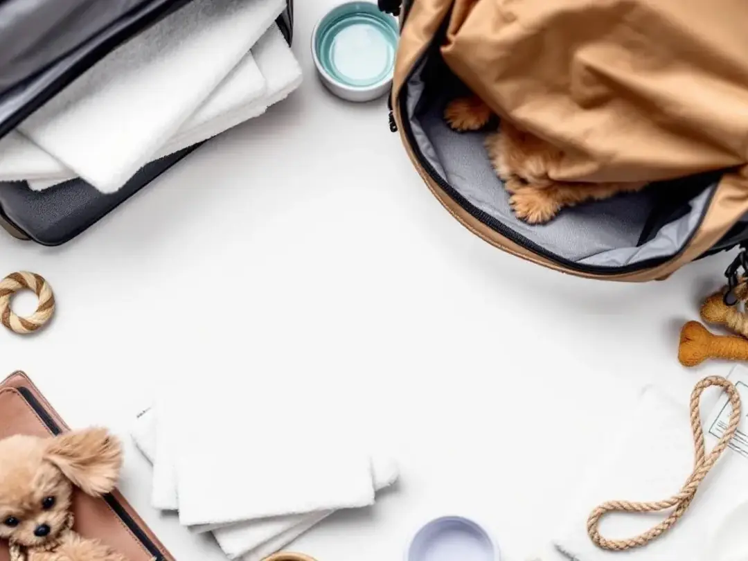 The image shows essential puppy travel items neatly arranged, including a soft-sided pet carrier, puppy pads, a...