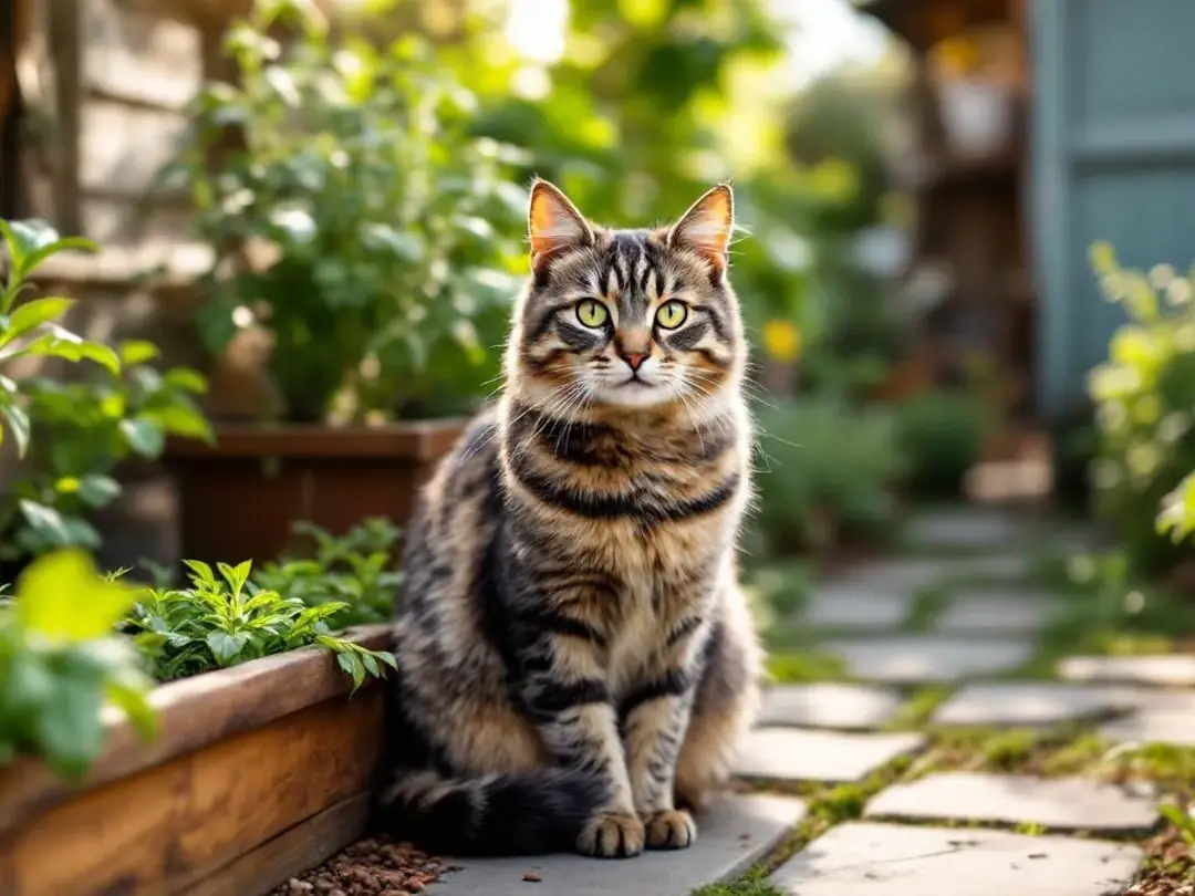 A fluffy tabby cat sits contentedly among vibrant fresh herbs and spices in a charming kitchen garden, embodying the...