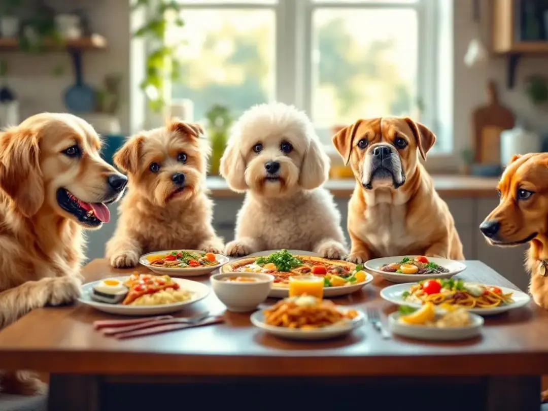 In this whimsical scene, multiple dogs of various breeds are gathered around a table filled with an array of...