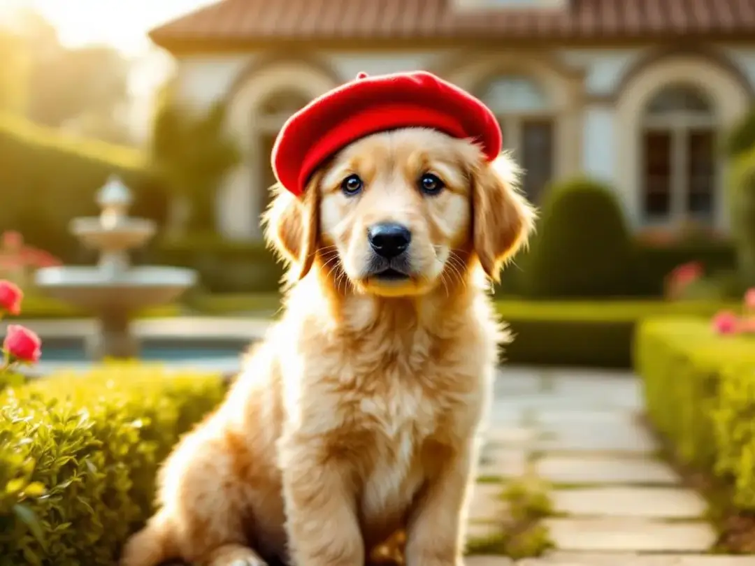 A charming golden retriever puppy, wearing a stylish red beret, sits in a picturesque French garden filled with vibrant...