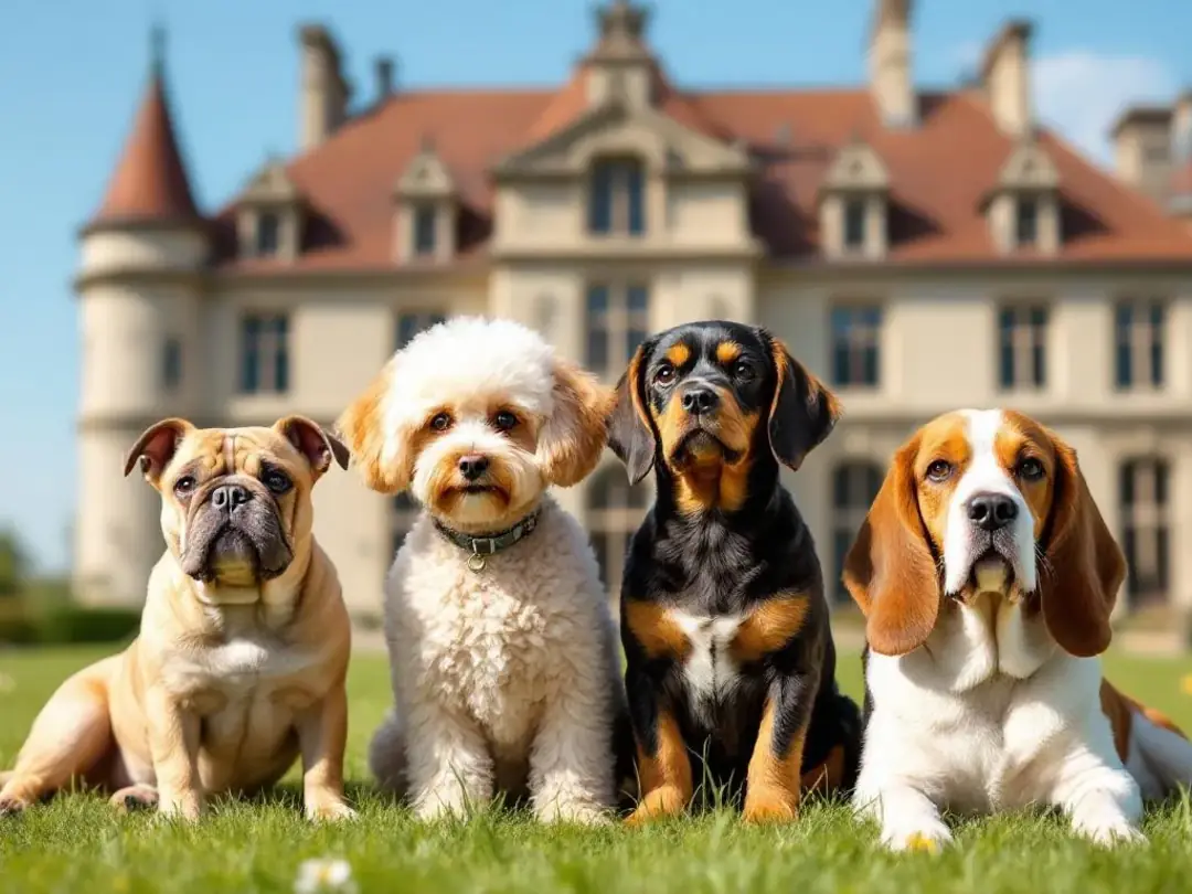 In front of an elegant French chateau, a group of diverse French dog breeds, including a charming French Bulldog and a...