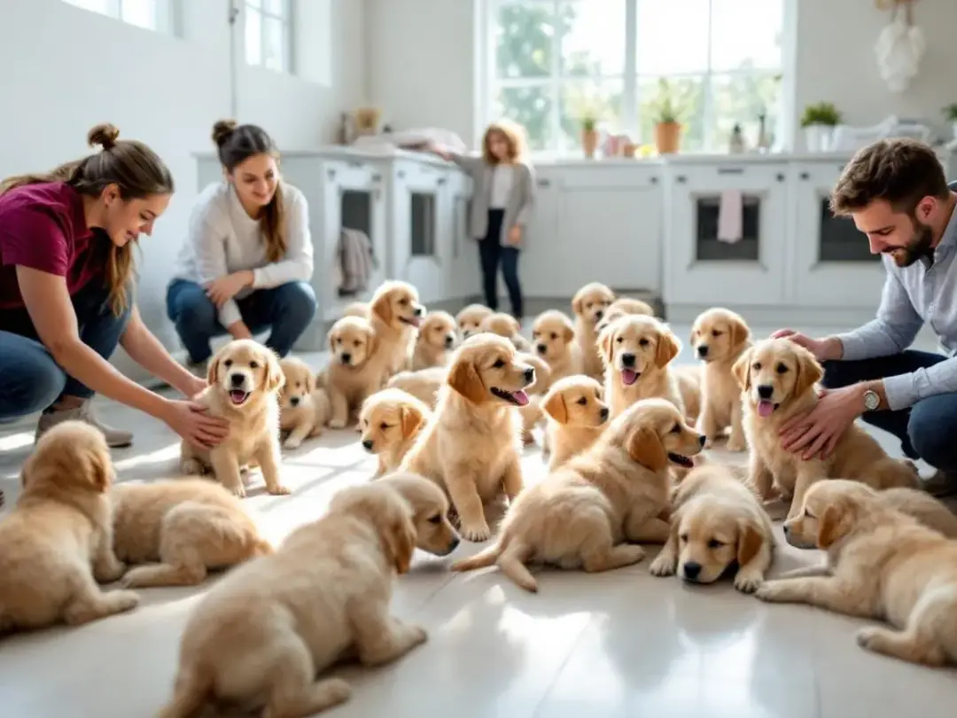 In a clean and bright kennel environment, young golden retriever puppies eagerly interact with potential families...