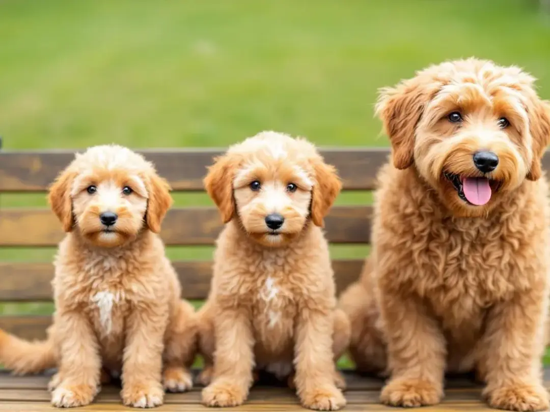 The image displays a comparison of three different sizes of golden goldendoodles, ranging from a small toy goldendoodle...