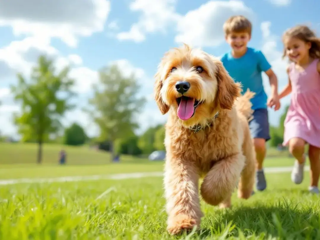 In a vibrant park setting, a playful golden goldendoodle is joyfully fetching a bright red ball, surrounded by laughing...