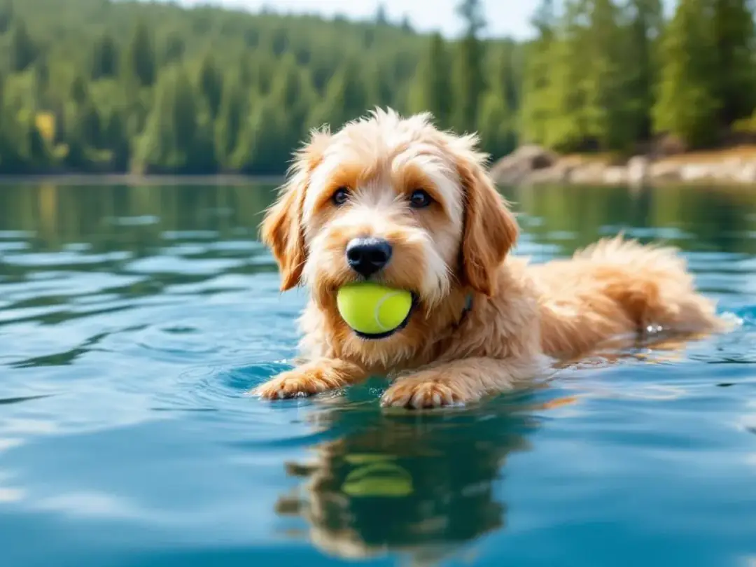 A golden goldendoodle is joyfully swimming in a serene lake, eagerly retrieving a bright tennis ball. The dog's fluffy...
