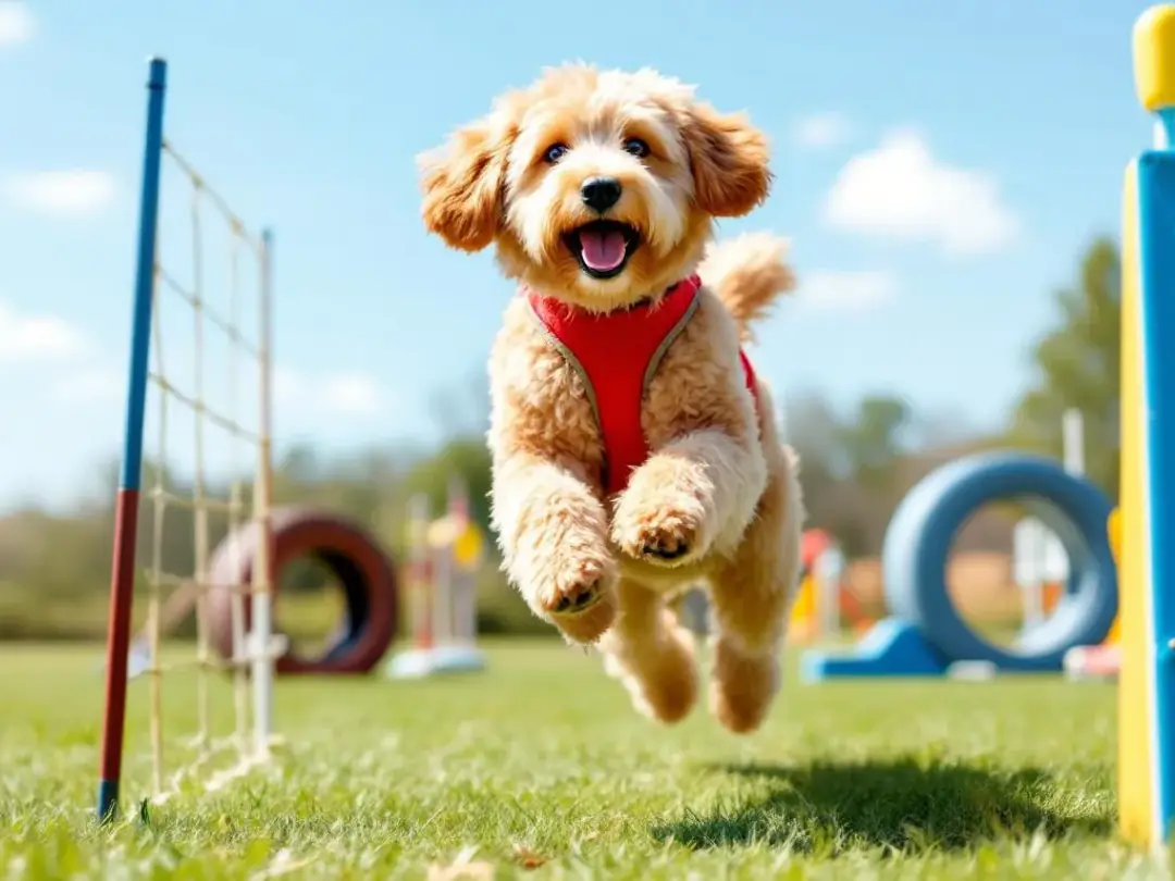 A golden goldendoodle is skillfully navigating through various agility training obstacles, showcasing its playful and...
