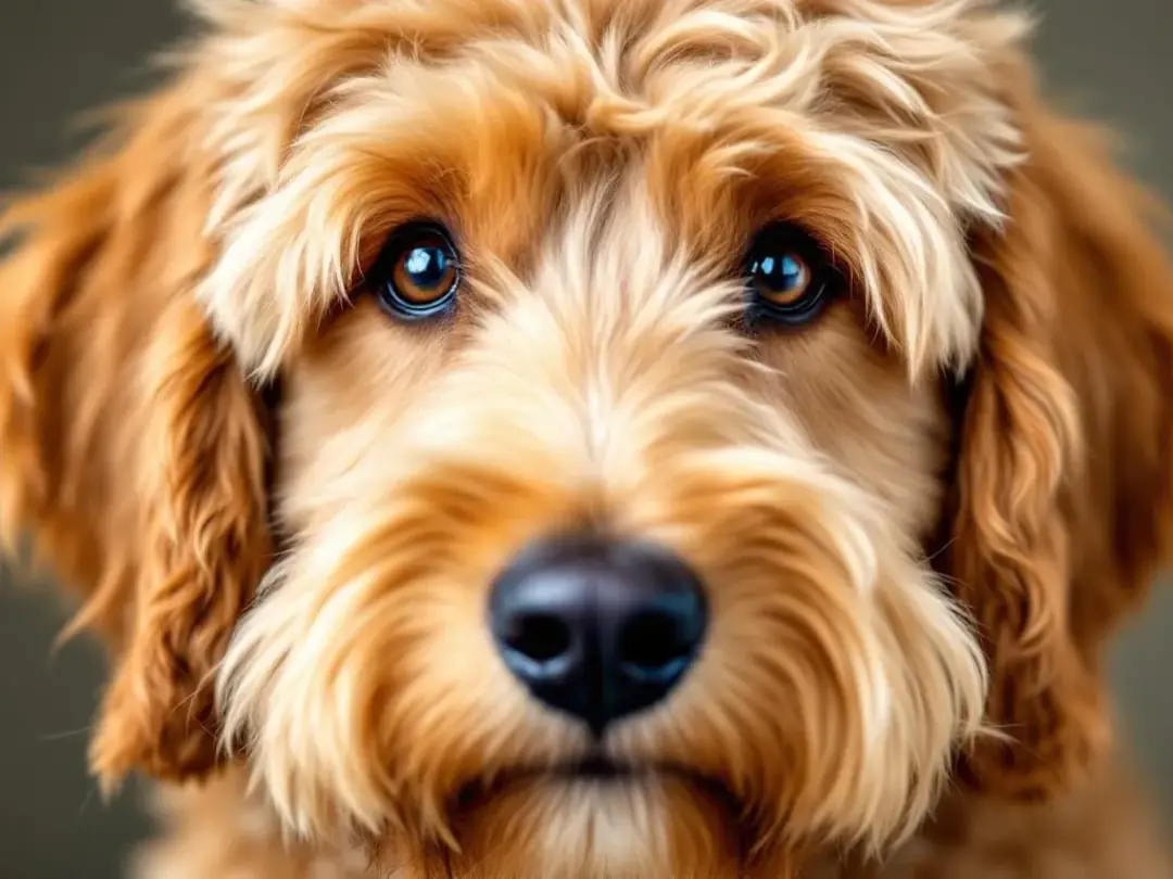 A close-up image of a Golden Mountain Doodle's wavy coat showcases its soft texture and beautiful color patterns...