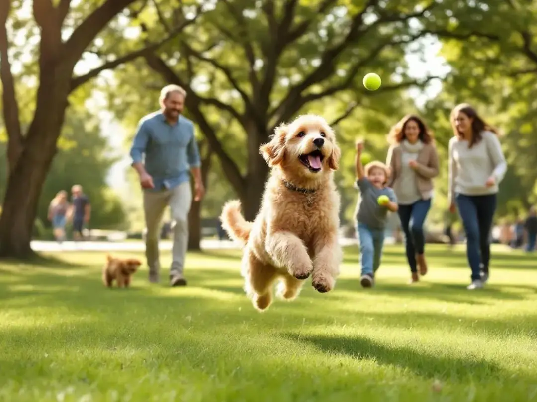 A golden mountain doodle is joyfully playing fetch with a family in a sunny park, showcasing its affectionate nature...